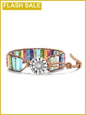 Real Leather Wrap Chakra Healing Bracelet with Gemstone Stones Adjustable Boho